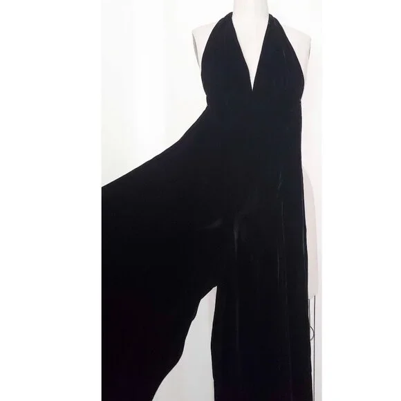 Mindy Malone Womens Rare Vintage 1970s Black Velvet Halter Wide Leg Jumpsuit